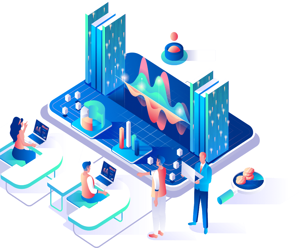 Illustration of analysts gathering insights of data on multiple screens.
